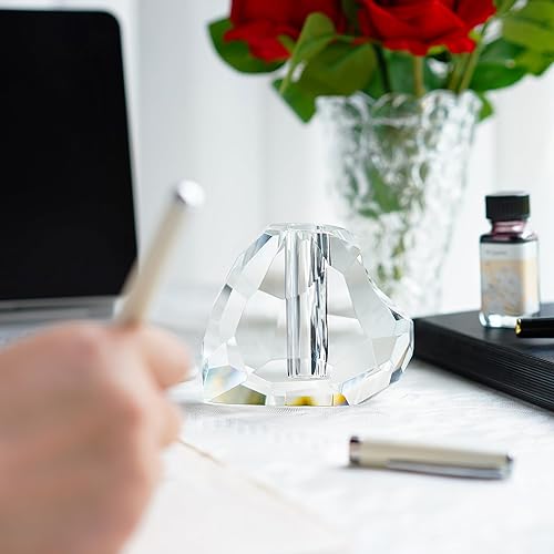 Miniatura 4 de QFkris 3.5'' Crystal Signature Fountain Pen & Pencil Holder Heart Shaped Glass Cut Pen Stand Office Supplies Desktop Organizer Desk Decoration