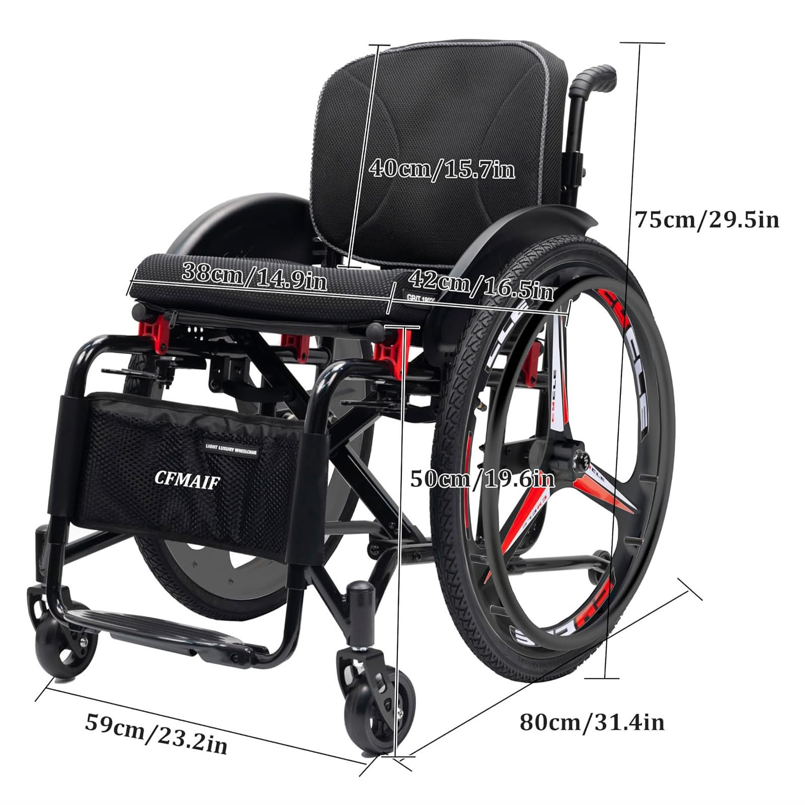 Składany sportowy wózek inwalidzki każdym terenie Seatwidth:38cm | Nośność 100 kg, regulowany podnóżek i wysokość siedziska, podwójny hamulcowy i zabezpieczające przed przewróceniem.