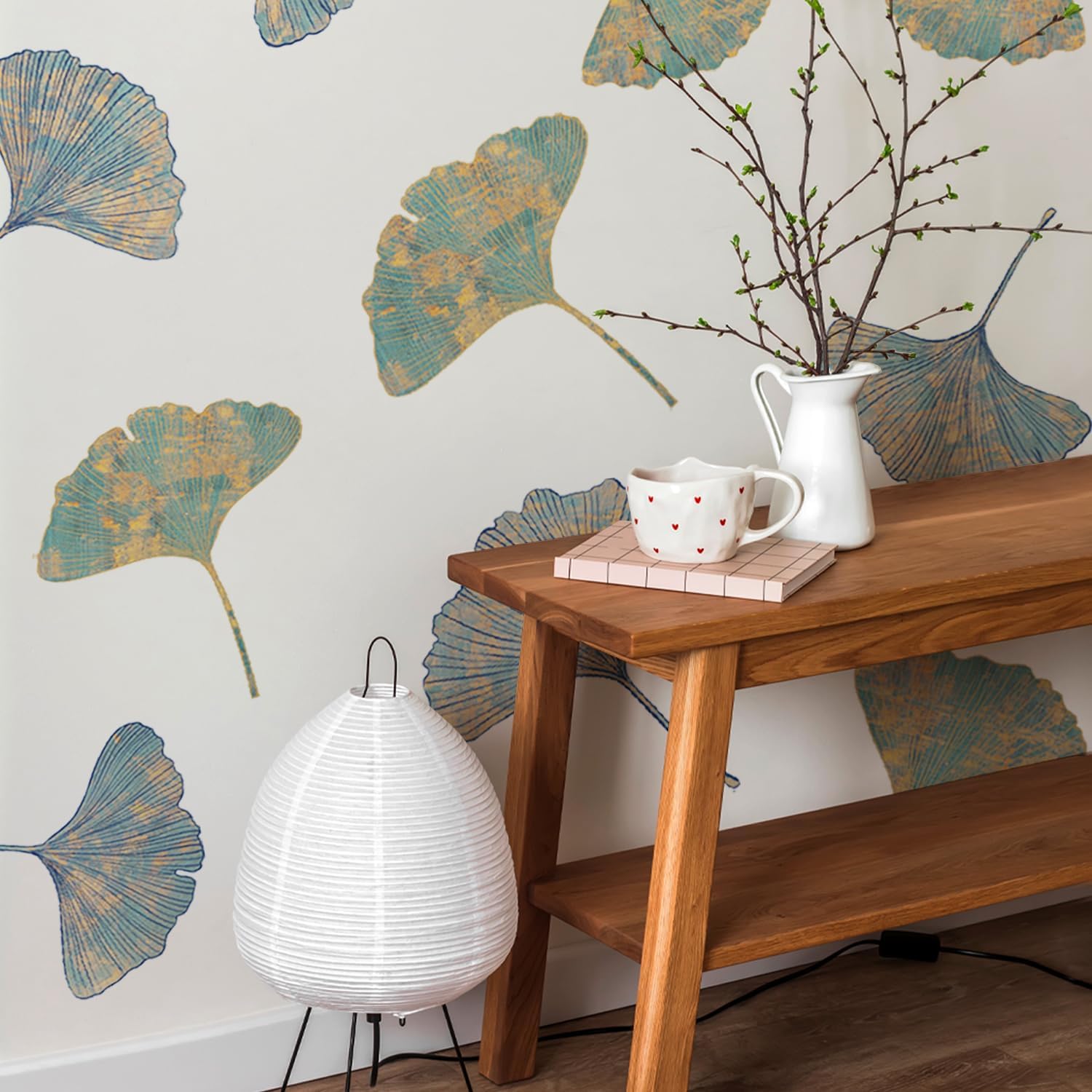 LiveInUrban Peel and Stick Watercolor Boho Ginkgo Leaves Wall Decals, Self Adhesive Hand Drawn Wall Stickers for Bedroom Living Room Decoration, No Transparent Border, Biue Ginkgo, 14.96"X51.18"