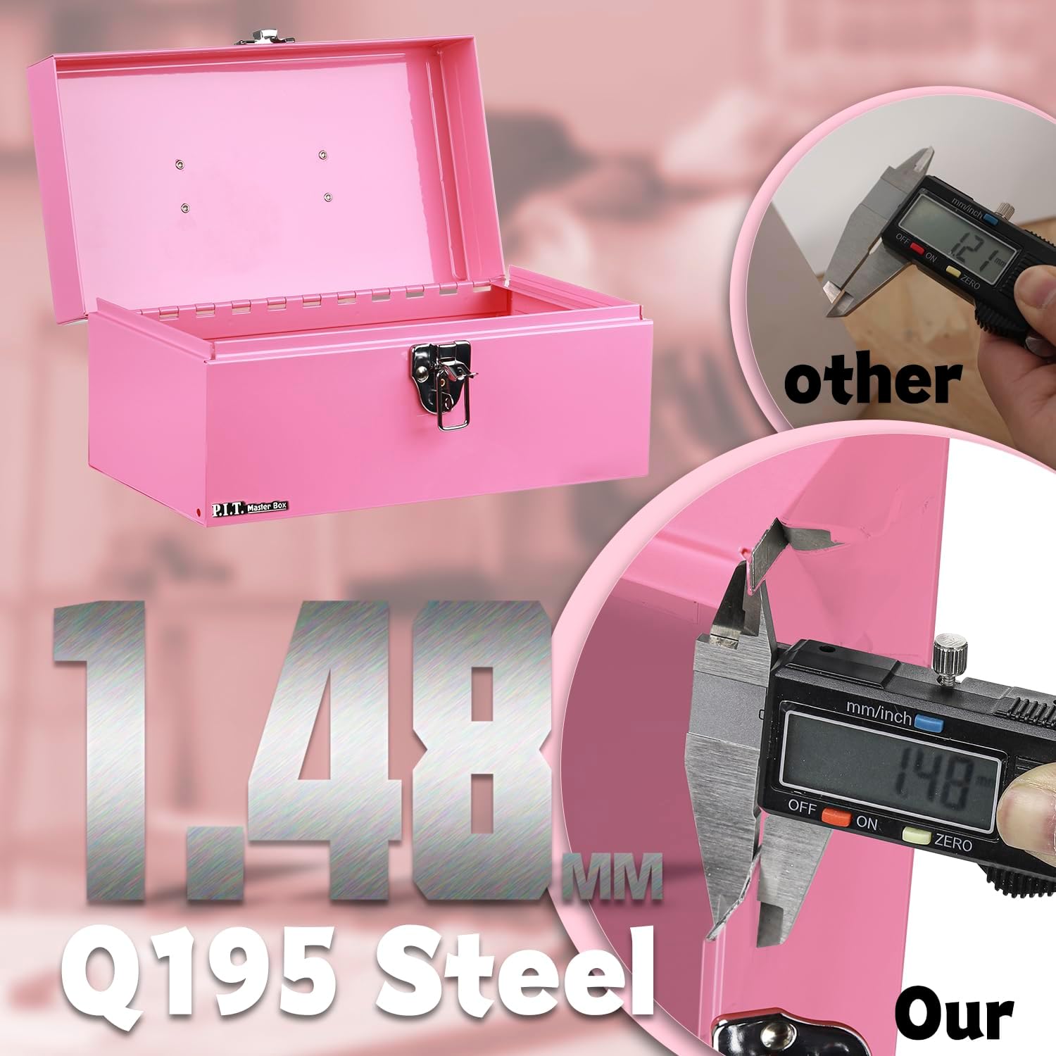 P.I.T. 12 Inch Tool Box,Portable Small Steel ToolBox with Metal Latch Closure for Household, Warehouse,Tools Storage,Pink