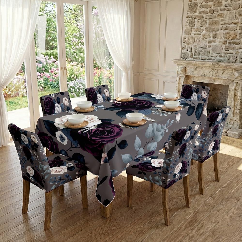 KXUAUV Dark Moody Purple White Rose Dining Chair Covers & Tablecloth Set, 5/7 Piece Gothic Vintage Floral Slipcovers For Romantic Home Decor Party Decor(7pcs Set: Tablecloth+Chair Covers)