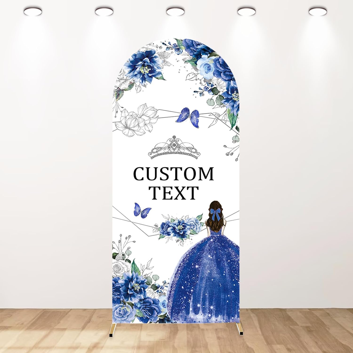 AIBIIN 7.2ft Blue Quinceanera Birthday Custom Arch Backdrop Cover, Sweet Girls Miss Quince Personalized Arch Covers, 2-Sided Round Top Rose Crown QuinceañEra Wedding Photo Prop