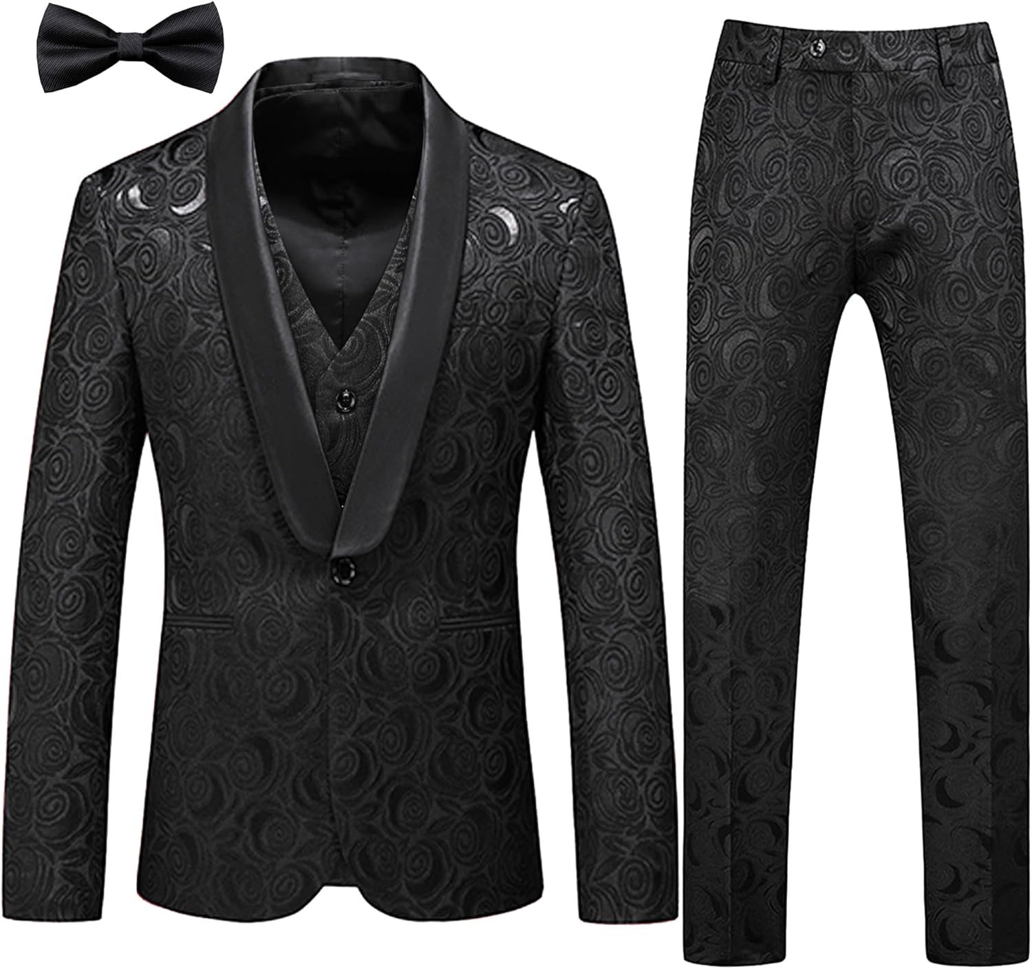 UNINUKOO Mens Suits 3 Piece 1 Button Prom Floral Wedding Shawl Lapel Casual Tuxedo Suit Set