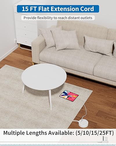 Miniatura 2 de NTONPOWER - Cable de extensión plano de 15 pies, regleta de alimentación de enchufe plano con 3 tomas, 4 puertos USB (2 USB C), cable de extensión