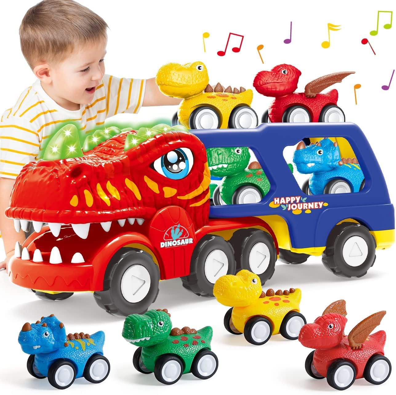 INSTOY Toddler Truck Toys for 2 3 4 5 Year Old Boys Gifts, 5-Pieces Dinosaur Car Toys for Boys Age 2 3 4 5 6, Monster Truck Toy for Kids 2-4, Pull Back Cars for Toddlers Girls Age 2-5 Birthday Gifts