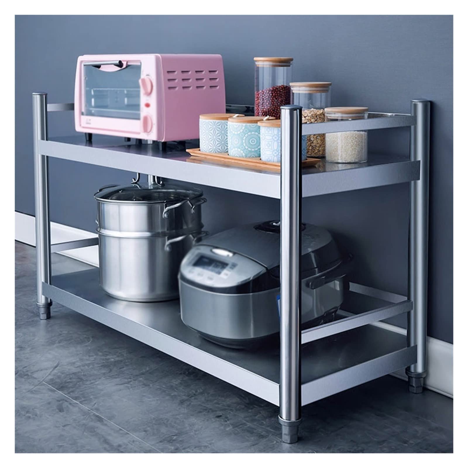 Scaffale da cucina industriale con 2 ripiani in acciaio inossidabile, facile da montare, scaffale in metallo per cucina e garage, argento (70 x 40 x 60 cm)