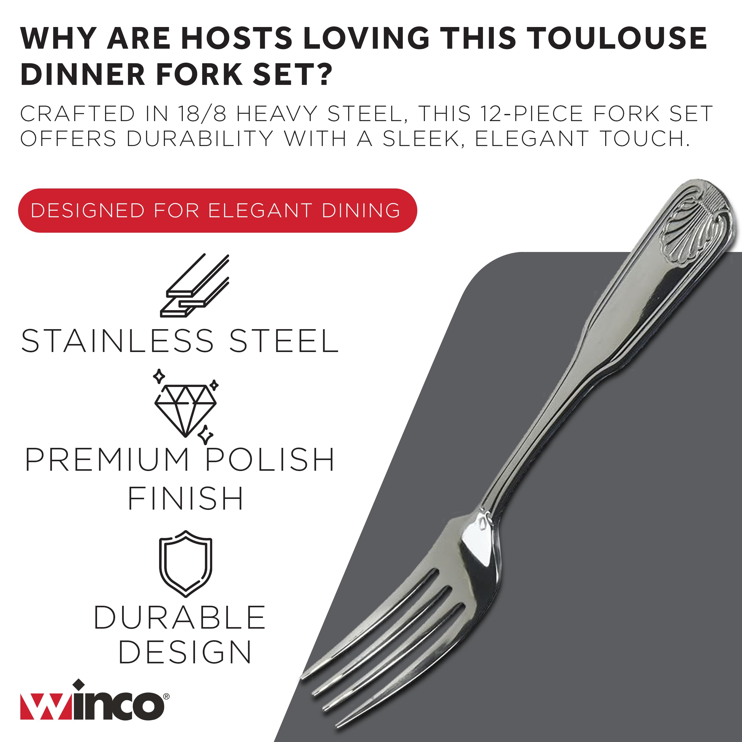 Winco St 12-Piece Toulouse Dinner Fork Set, 18-0 Extra Heavy Weight Stainless Steel, Silver — Amazon image 3