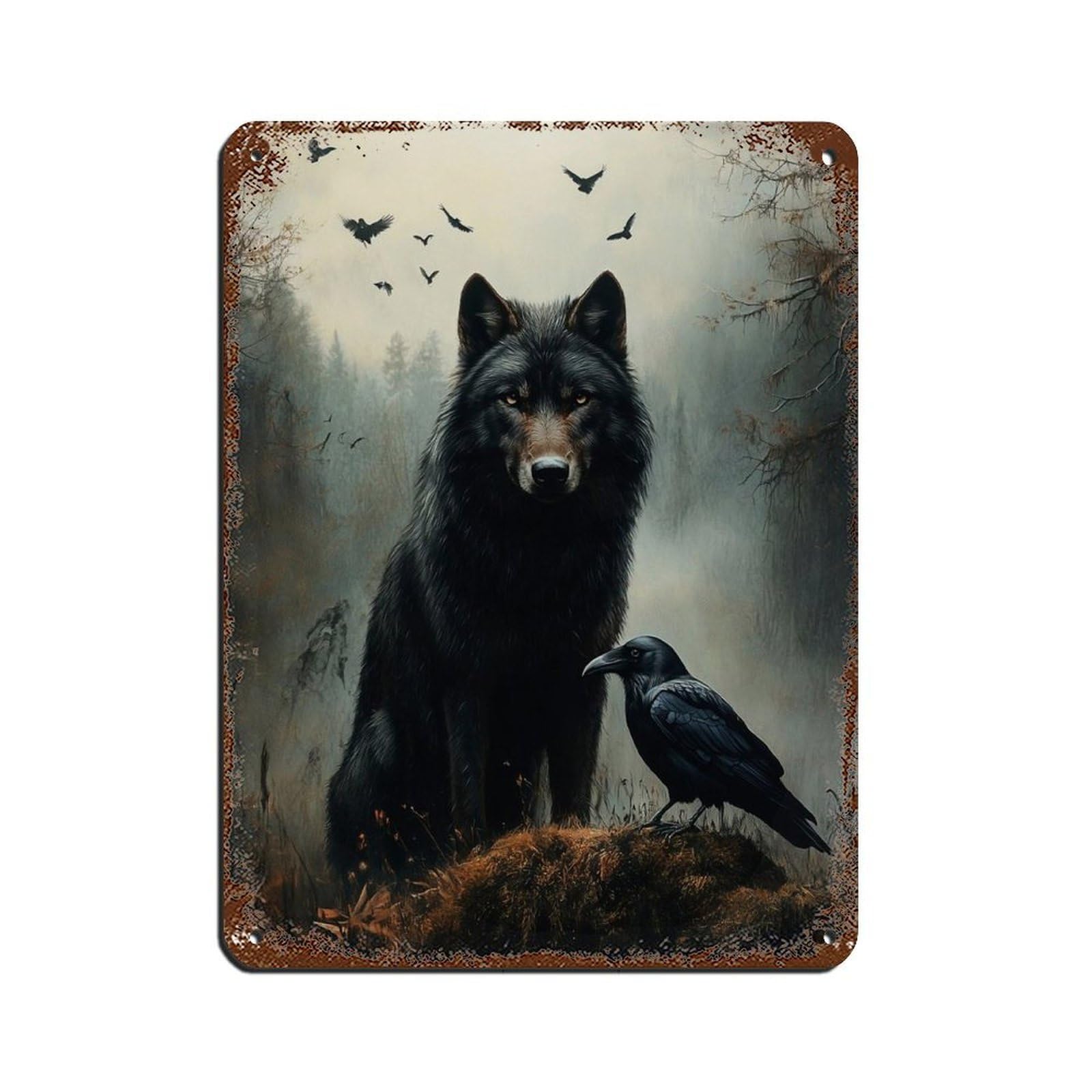 Wolf And Raven Art, Dark Gothic Fantasy Tin Sign Vintage Metal Pub Club Cafe Bar Home Wall Art Decoration Poster Retro 12x16inch(30x40cm)