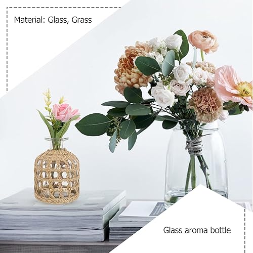 Miniatura 9 de Housoutil 1 jarrón de mimbre de flores, jarrón redondo decorativo de vidrio con cubierta de ratán, recipiente de vidrio con pajita tejida para