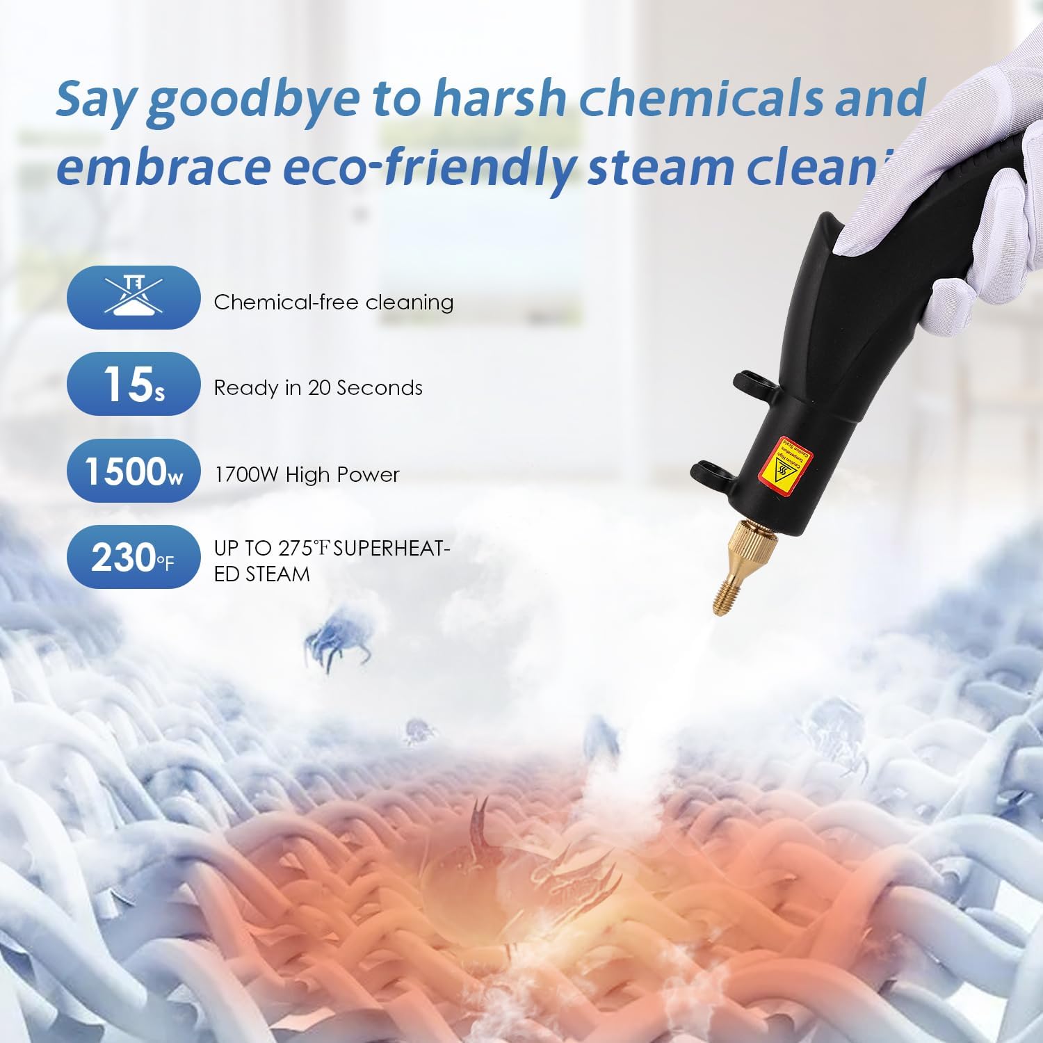 1500W High-Pressure Steam Cleaner, Quick 15s Heat-Up, 230℉ Powerful Steam for Grout, Tile, Home, Auto, Car Detailing, Kitchen, Bathroom Cleaning - 110V