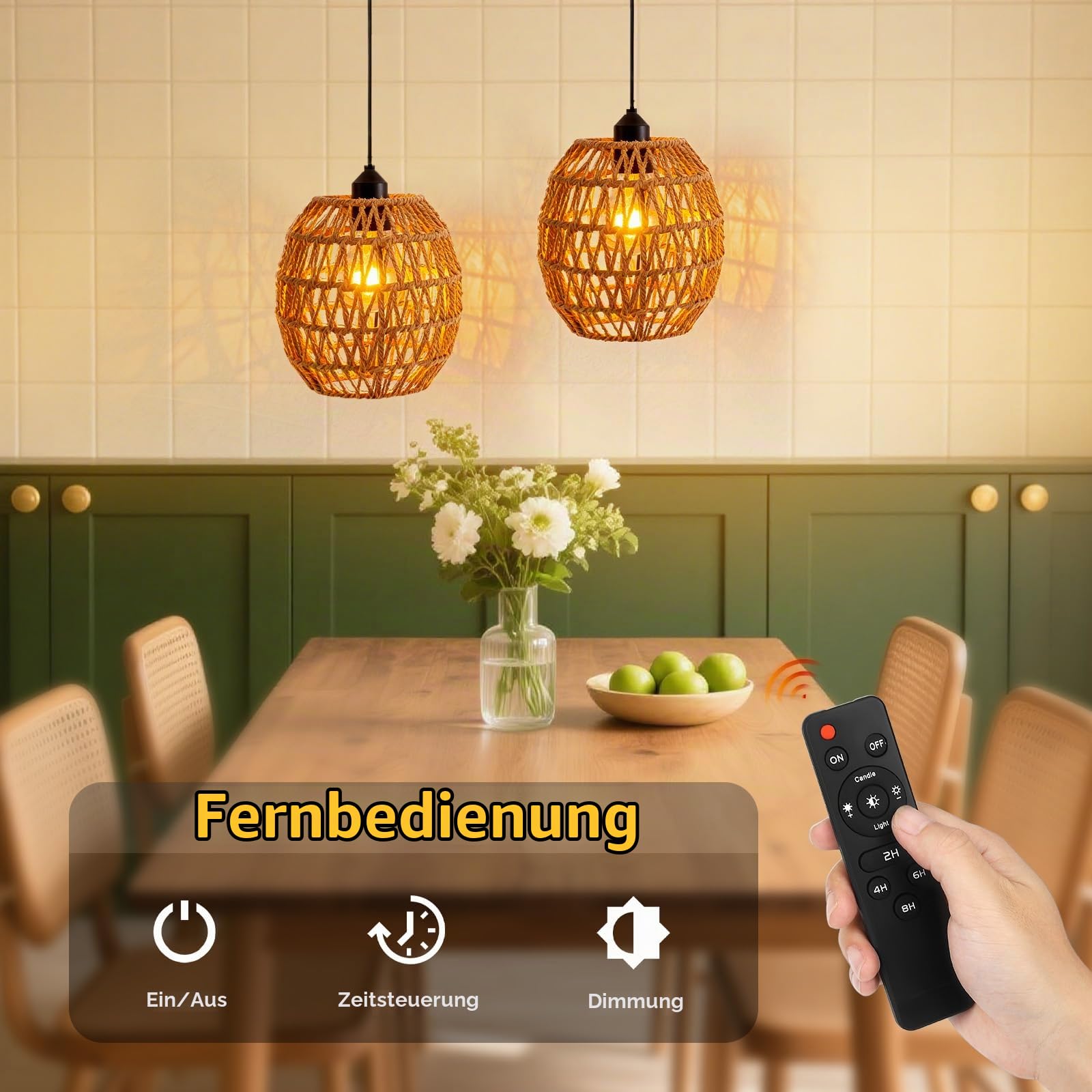Hängelampe Rattan, 2 Stück Vintage Pendelleuchte Akku, Lampenschirm Hängelampe Boho Ohne Strom, E27 Outdoor Hängend Lampe für Patio Bar Garten Terrasse Wohnzimmer Schlafzimmer