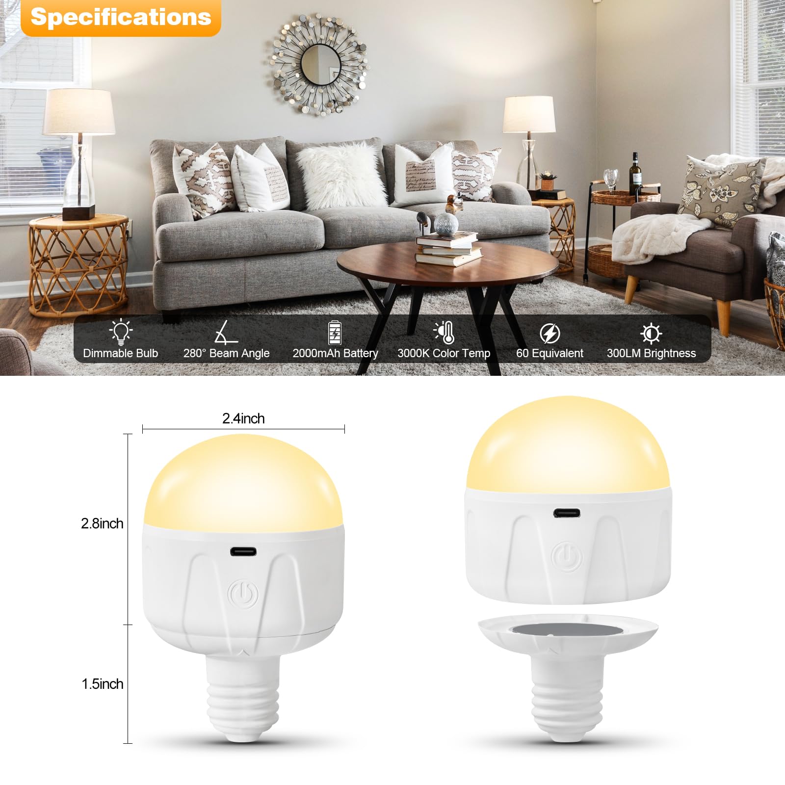 Bombillas recargables con control remoto, 2000 mAh, magnéticas, alimentadas por batería, bombilla LED E26 con temporizador para lámparas/candelabros/camping al aire libre, 3 temperaturas de