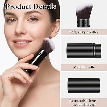 3 Pack Retractable Kabuki Makeup Brushes, Travel Foundation Brush Set Soft Nylon Bristles for Liquid Blush Bronzer Powder, Portable Face Makeup Kit for Women