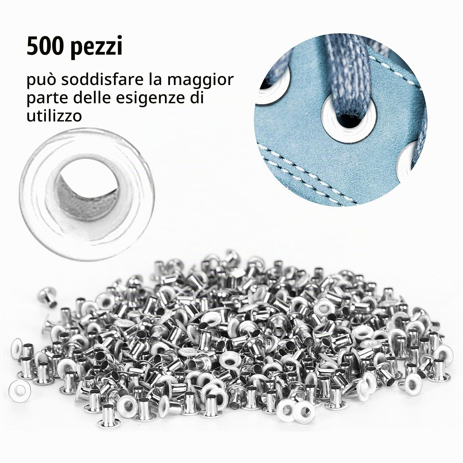 Kit Occhielli in Ottone, 500 Pezzi, 2 mm Foro Interno, Occhielli Metallici Rotondi per Vestiti, Scarpe, Borse in Pelle, Artigianato