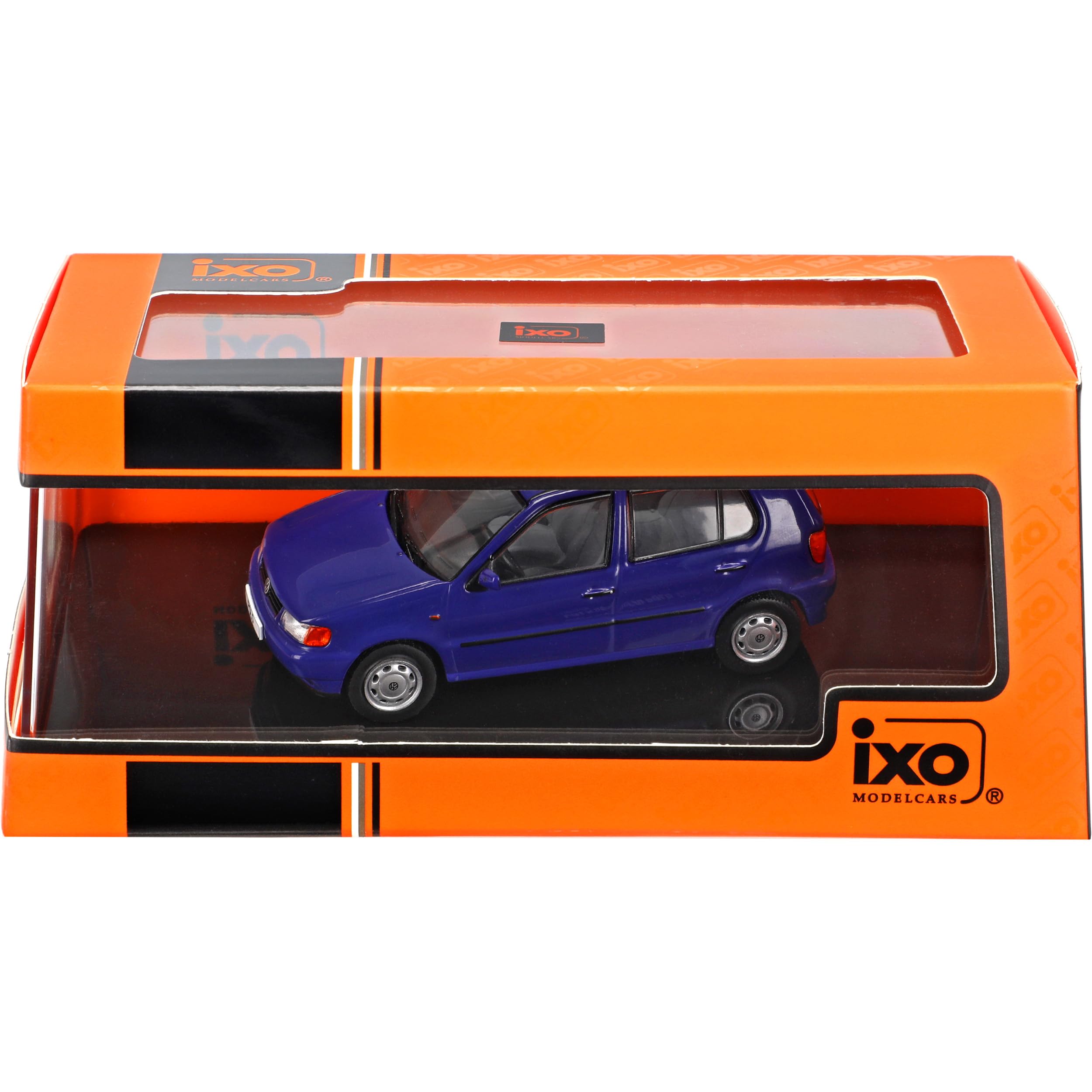 V*W Polo MKIII 6N Blau 5Türer 3. Generation 1994-2001 mit Sockel und Vitrine 1/43 Modell Auto