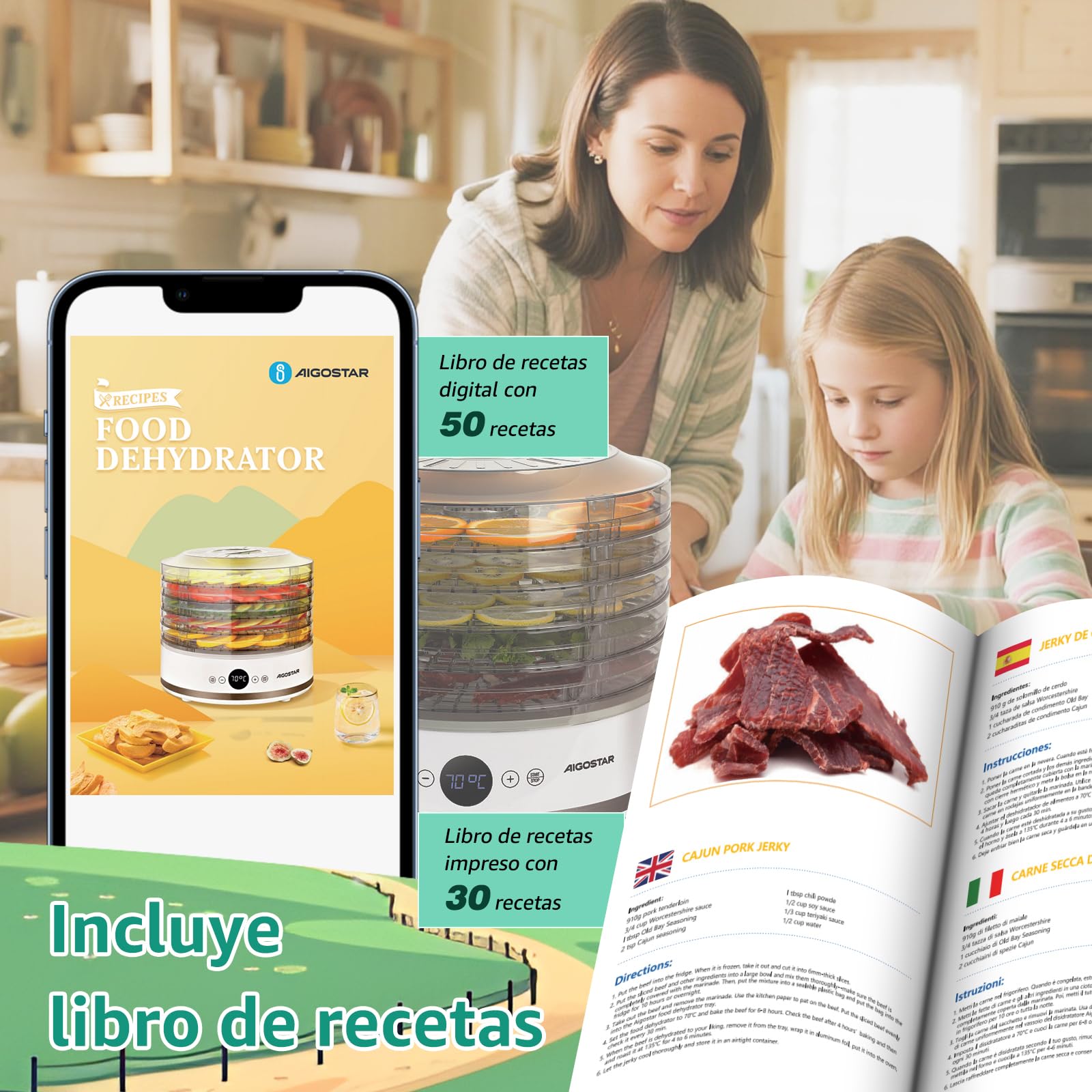 Aigostar Déshydrateur Alimentaire, Écran LED, 5 Plateaux sans BPA, Minuterie de 48 h, Déshydrateur avec Mode "FAN" et Température Réglable de 35 à 70°C, Silencieux, Livre de Recettes Inclus, 380 W