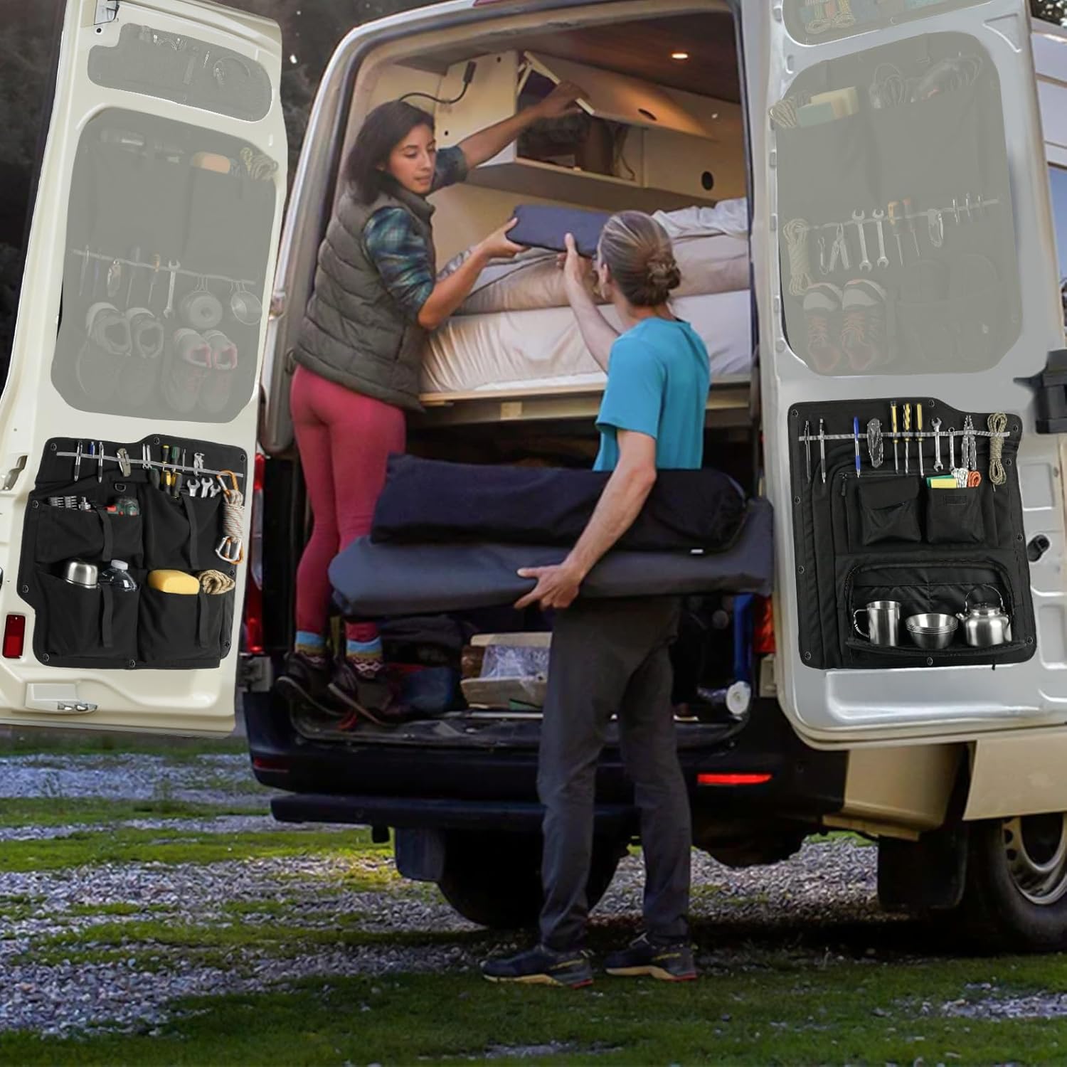 1 Pair Rear Door Storage Panels Compatible with 2015-2026 Ford Transit High/Mid Roof Van, 1680D Heavy Duty Oxford Fabric, Drilling Installation (Lower Panel)