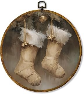 Hiuwevt Vintage Christmas Stocking Round Wall Art Decor, Rustic Christmas Framed Canvas Prints, Cozy Farmhouse Xmas Round Wall Hanging Decor for Home Bedroom Living Room Decorations, 10x10 Inches