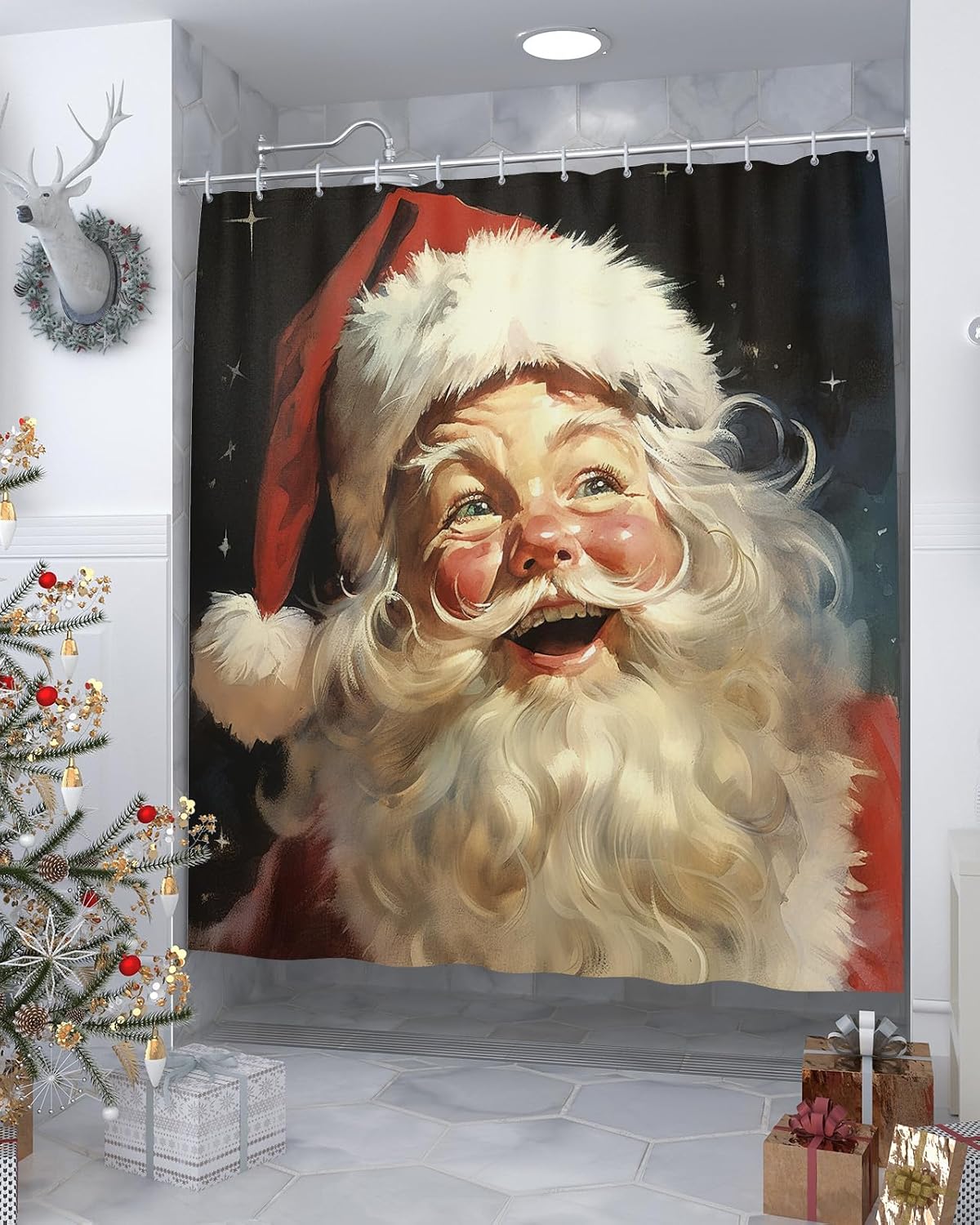 Christmas Santa Waterproof Shower Curtains Set - Stall 54 x 78 Inch, Red Xmas Santa Merry Christmas Polyester Fabric Bathroom Curtain with 12 Hooks, Bathroom Accessories, 1 Panel
