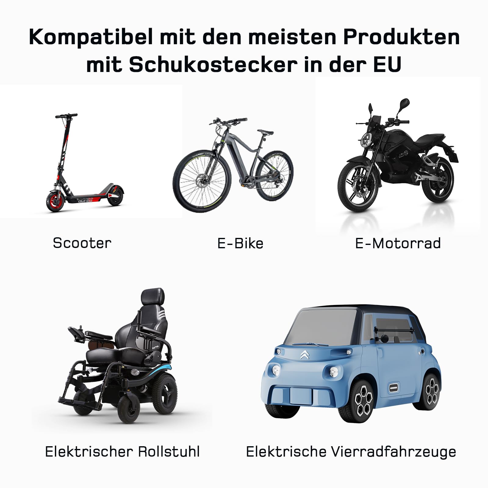 dé Adapter Typ 2 auf Schuko - Elektroauto Ladestecker, 16A 0.6m. Einfaches Laden an Ladestationen/Wallboxen trotz Verwendung von 230V Ladegeräten für E-Bike, E-Scooter, Motorrad. IP55 Nicht für V2L