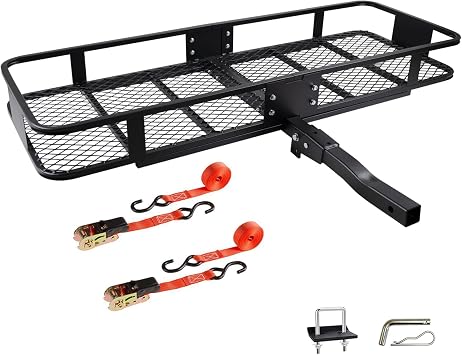 Folding Hitch Mount Cargo Carrier Basket 60x20x6  Rear Luggage Rack Basket,500LBS Capacity,Hitch Mount for 2" Receivers,Powder Coating,Heavy Duty, Durable,Easy Assembly,Straps Stabilizer
