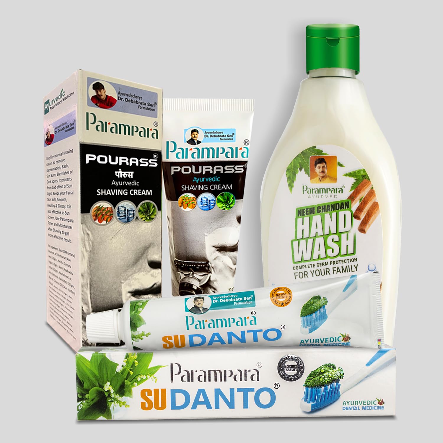 Parampara Ayurved Sudanto Toothpaste for Cavity & Sensitivity - 100g + Pourass Shaving Cream for Blemishes Pigmentation - 70g + Neem Chandan Hand Wash for Germ-Free Moisturized Hands 250ml | Pack Of 3-image-45