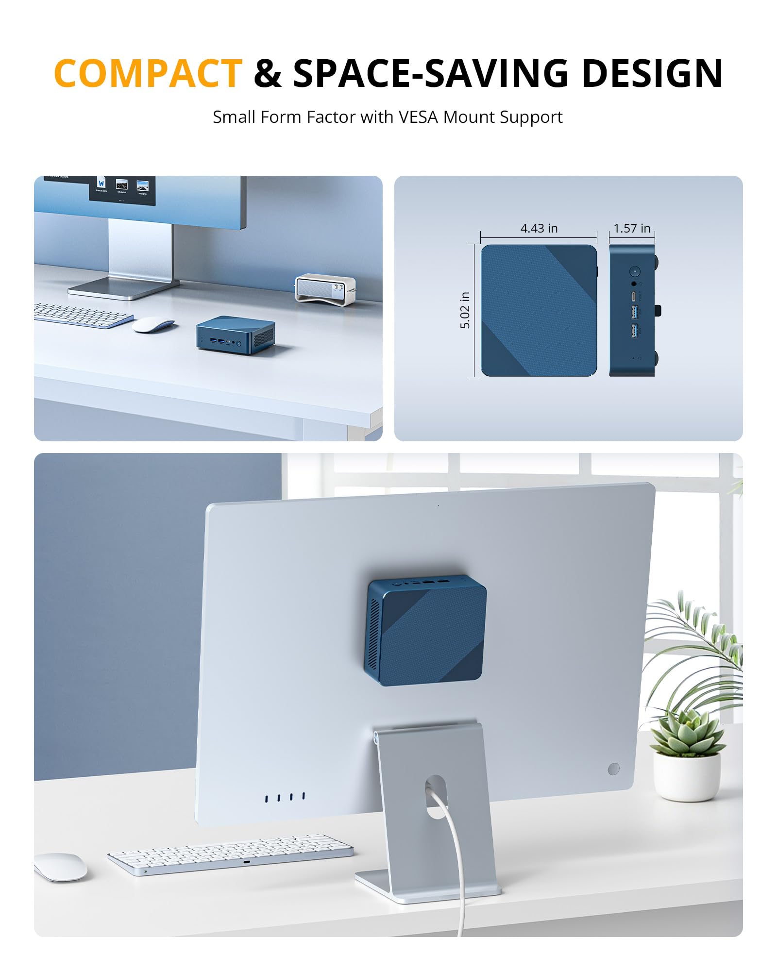 Glorlin Mini PC Ryzen 5 3501U – 8GB RAM, 256GB SSD, Micro PC Desktop mit Triple-4K, WiFi 6 & Bluetooth 5.3, kompakter Mini Computer für Home Office & Büro