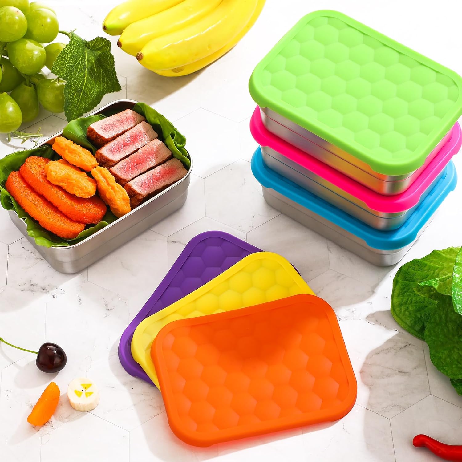 Layhit 6 Pcs Stainless Steel Containers for Kids, 25 oz Lunch Containers with Leak Silicone Lids Reusable Metal Food Snack Box for Child Daycare School Home Storage Supplies(Classic Color)