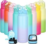 Oldley Insulated Water Bottle with Straw 20oz Stainless Steel Water Bottles with 3 lids Double-Wall Vacuum Thermal for Kids Adults School Sports,Rose Red-Green