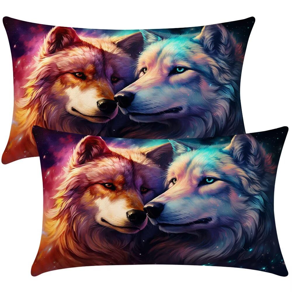 Animals Cushion Covers 30x50 cm Set of 2 Decorative Pillows Wolf Couple Throw Pillow Case Rectangle Cushion Cover Couch Cushions Covers for Living Room Bedroom with Invisible Zipper 12x20 Inch -SC392