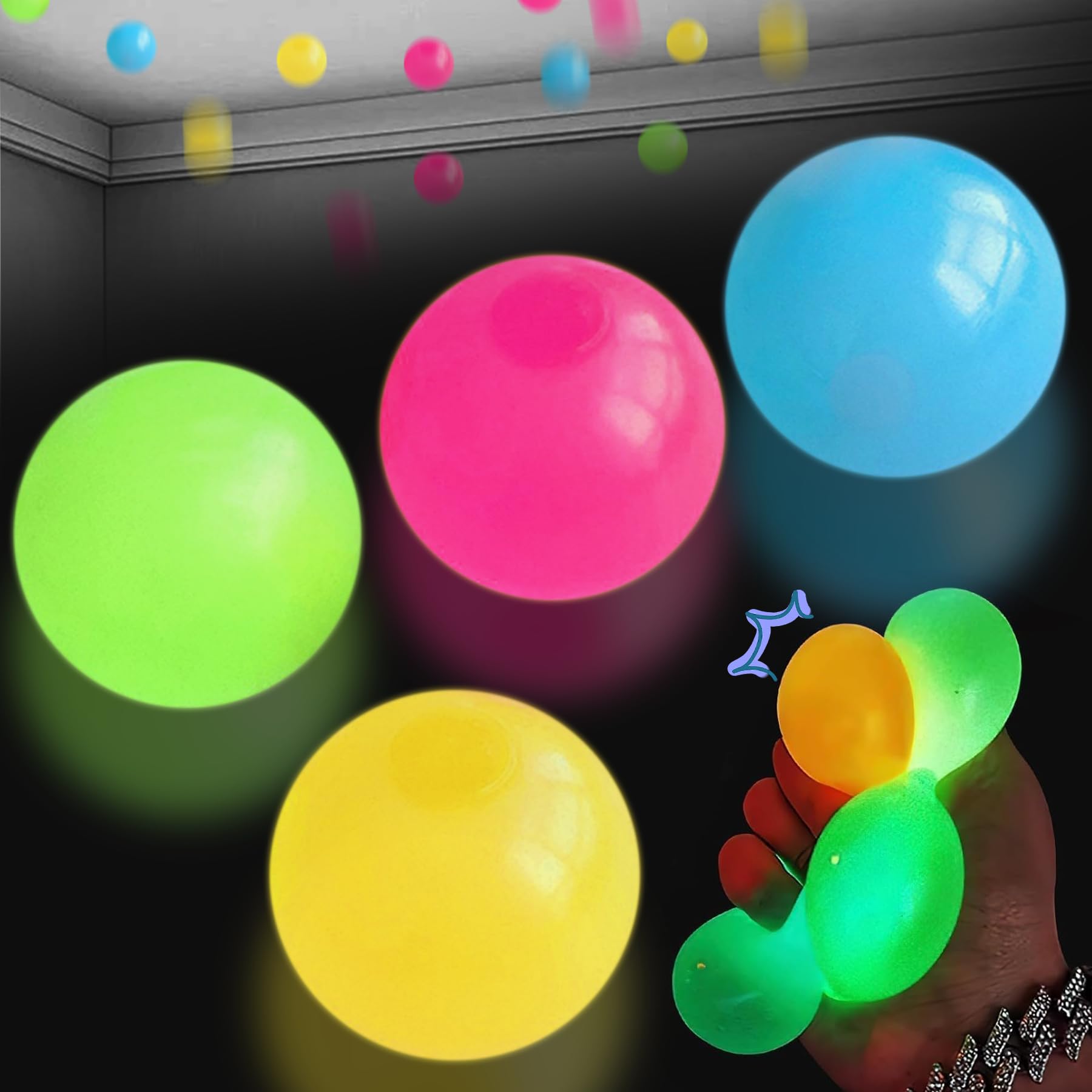 4pcs Sticky Balls Fidget Toys, Sticky Balls for Ceiling Sensory Balls Sticky Balls Sticky Glow Balls Squishy Stress Ball Glow in The Dark Ceiling Balls for Kids New Year's Gift