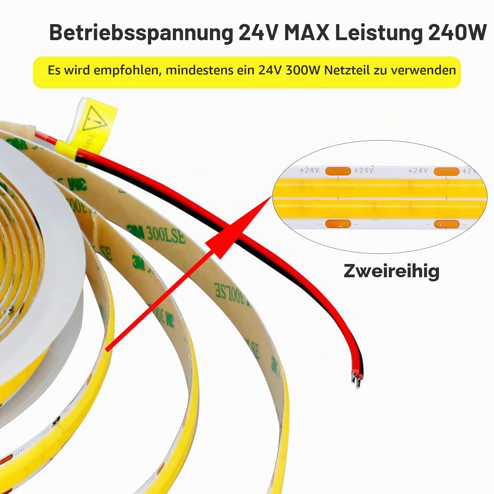 GOMING 24V 10M Doppelreihe COB LED Streifen Natürliches Weiß 4000K 20000lm | 600LEDs/M LED Band Selbstklebend CRI 93+ Nicht Wasserdicht IP20 LED Strip für Heim Deko(Netzteil nicht Enthalten)
