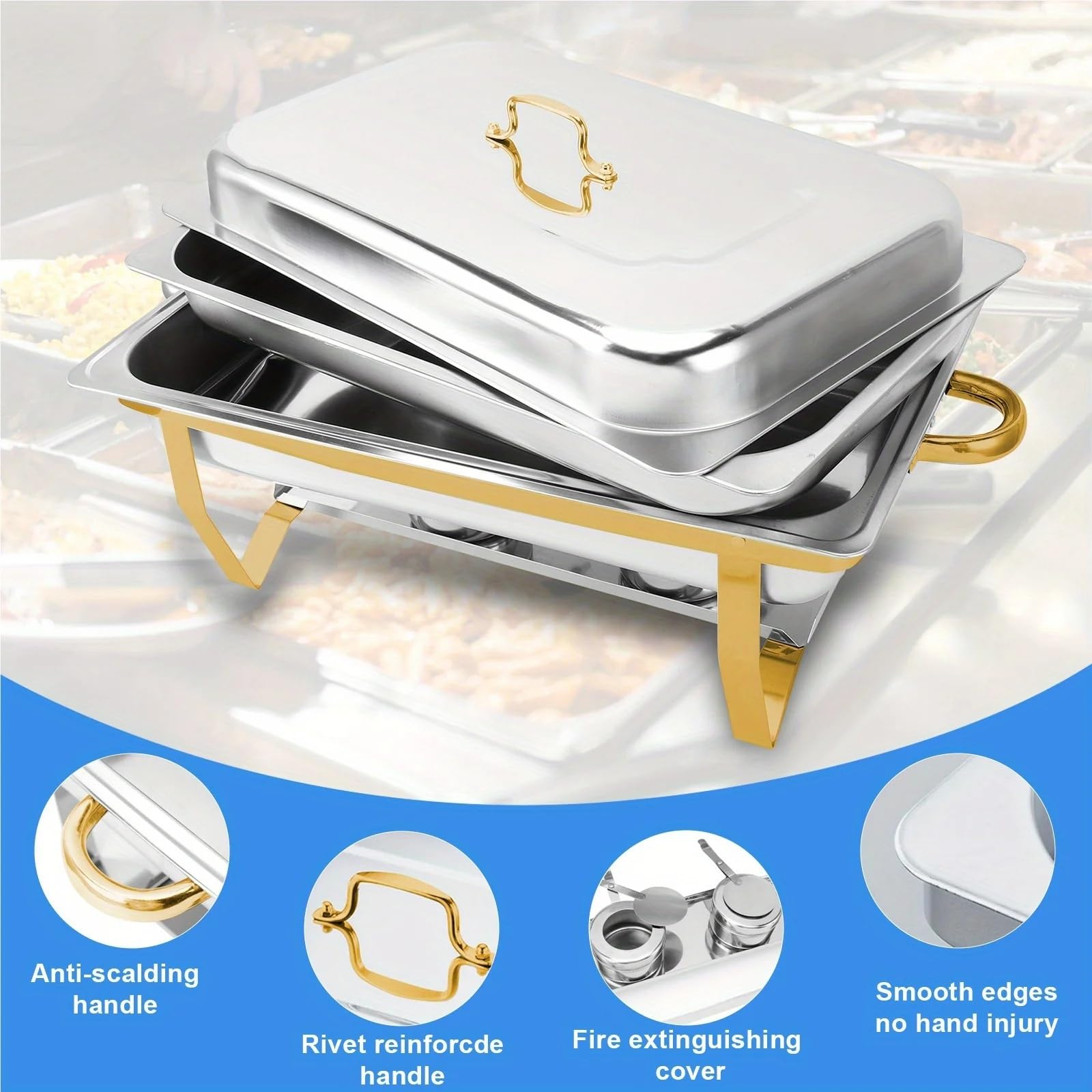 Set di 8 scaldavivande in acciaio inox dorato 9QT per catering, matrimoni e feste