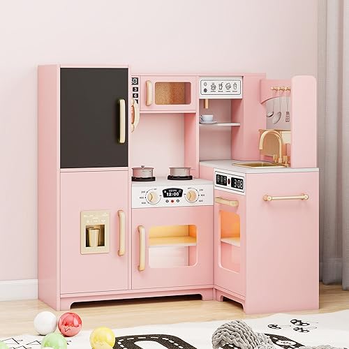 Juego de cocina para niños con luces y sonidos, cocina de esquina de madera con fregadero, horno, máquina de hielo y accesorios de juego de