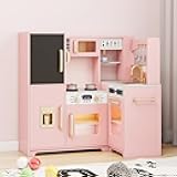 Vavkorkula Kids Kitchen Playset with Lights & Sounds, Wooden Corner Play Kitchen with Sink,Oven, Ice Maker & Pretend Play Accessories, Educational Toy Kitchen Set for Toddlers, Pink