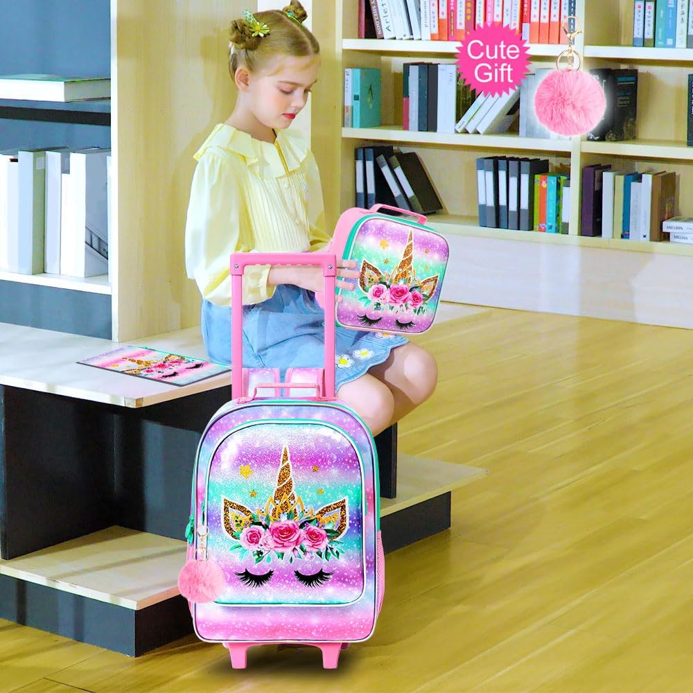 WZLVO 4PCS Girls Unicorn Rolling Backpack - Cute Wheeled School Set with Lunch Box,Water Resistant Roller School Backpack on Wheels for Elementary Kids Travel - Image 8