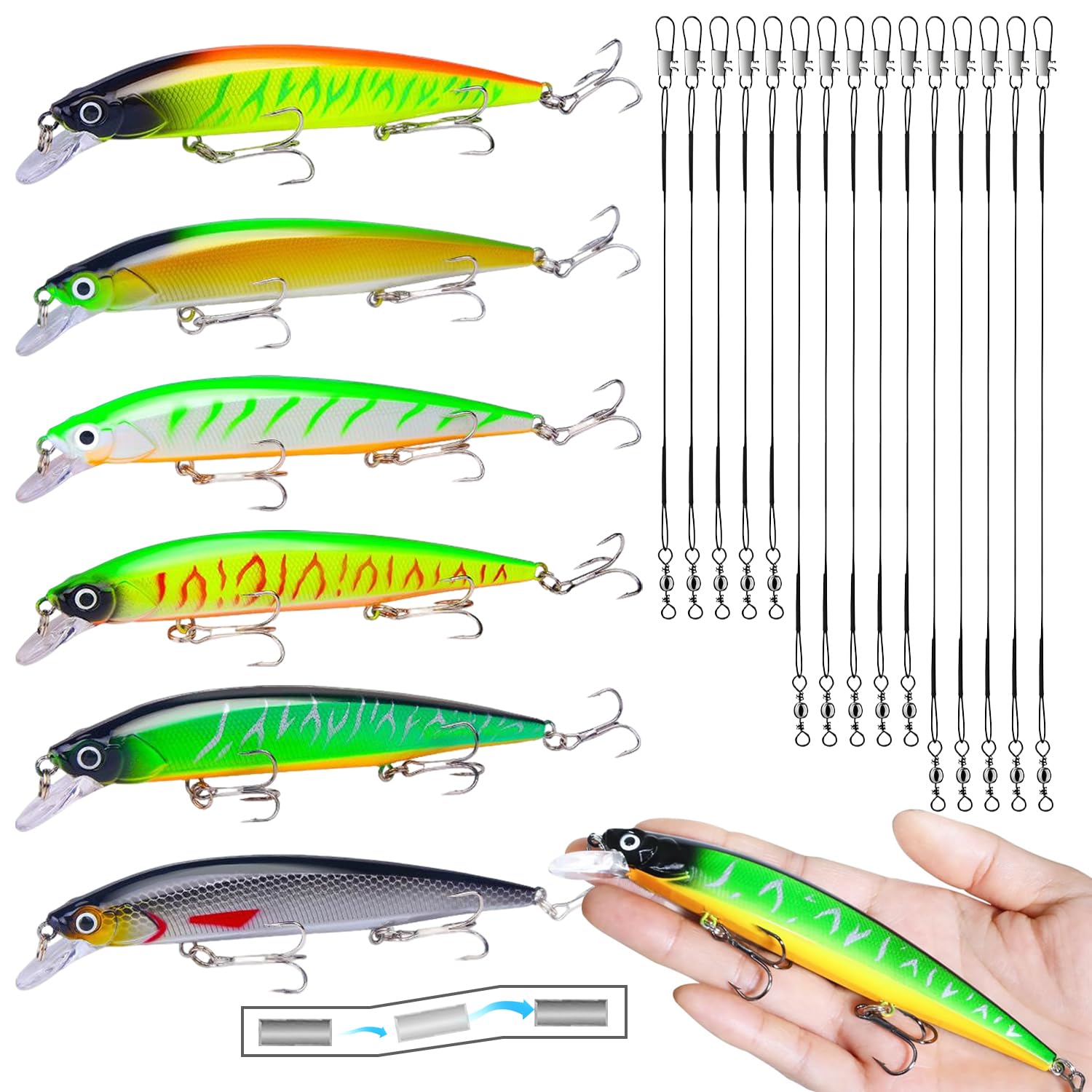 6 Piezas 22 G/14 CM Señuelos Spinning Flotante Minnow, Jig Pesca de Plástico ABS, Anzuelo Triple Señuelos Pesca, con 15 Líder(15/25/30 CM) y Estuche, para Depredadores Medianos y Grandes
