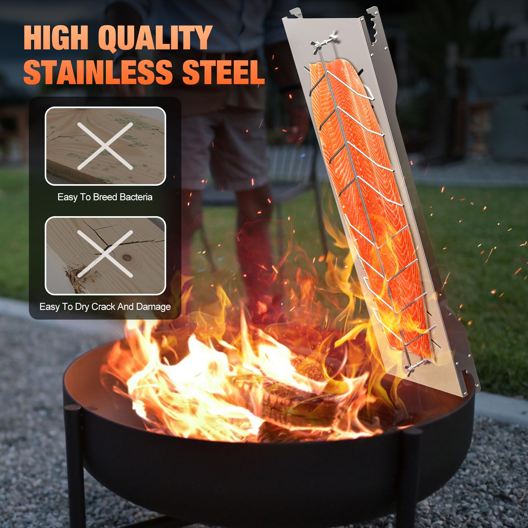 onlyfire Flammlachsbrett Edelstahl, Extra Breit 19cm Flammlachshalter, Lachsbretter zum Grillen Feuerschale und Kugelgrill, Robustes Lachsbrett, 180° Drehbar, Groß Flammlachs Halterung