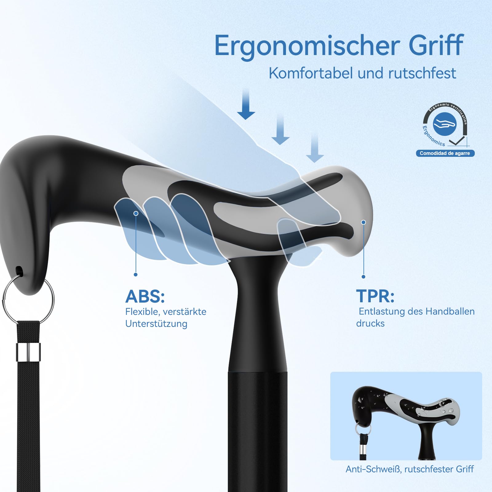 KingPavonini Gehstock für Damen und Herren mit zweitem Griff, faltbar und Verstellbarer Quad-Stock mit 4-Zacken-Basis zum Stehen, Gehstock klappbar für Senioren und Erwachsene
