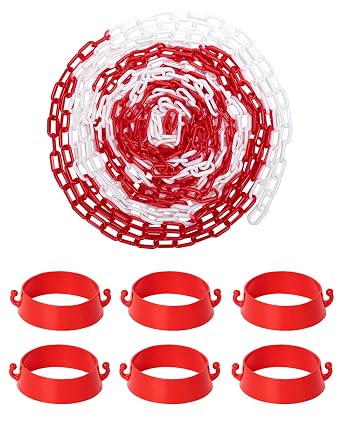 Plastic Safety Chain Barrier 32 Feet with 6 Cone Connectors, Traffic Chain Links for Driveway Parking, Crowd Control, Red & White