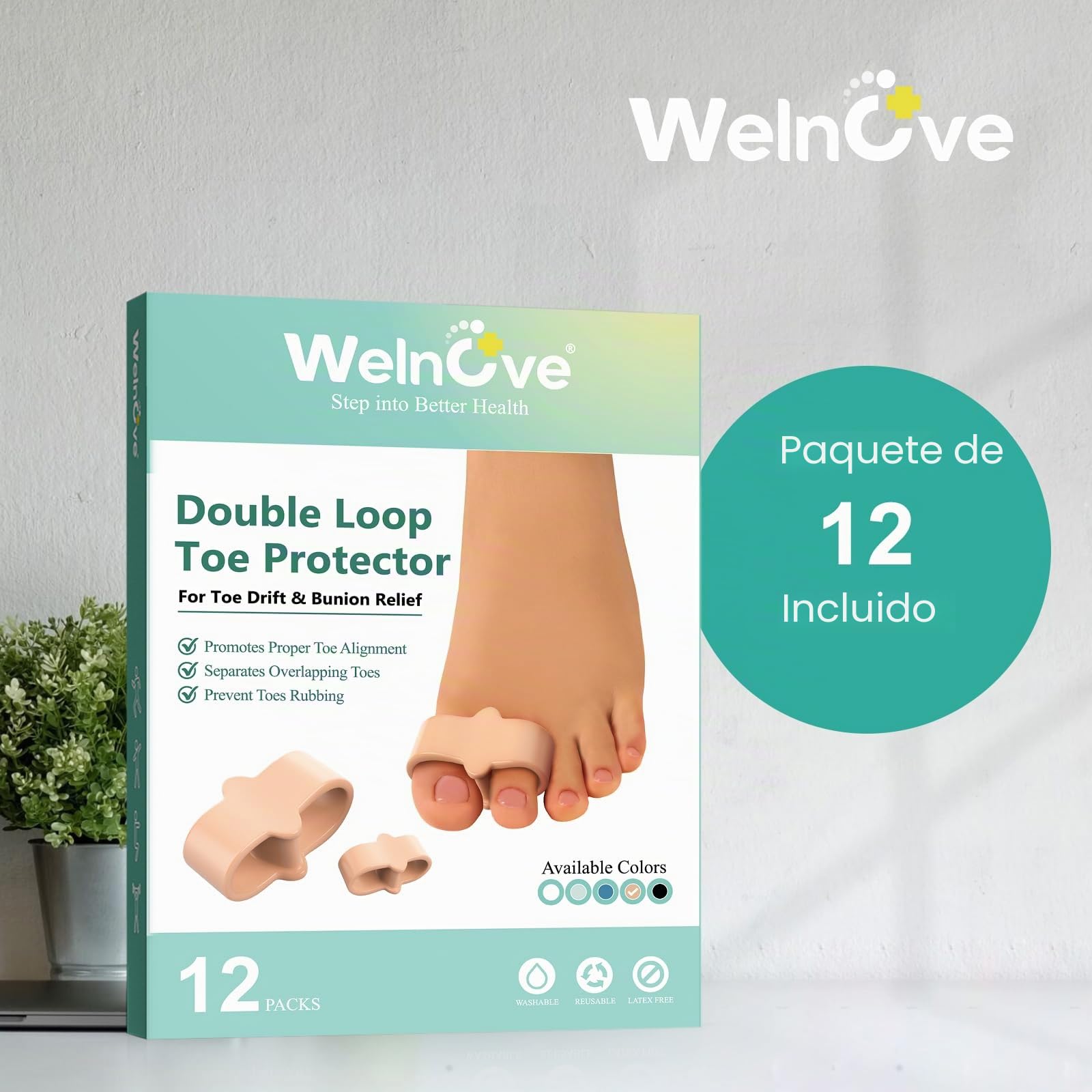 Welnove 12 separadores de dedos con 2 trabillas, separadores de dedos grandes para dedos superpuestos (beige)