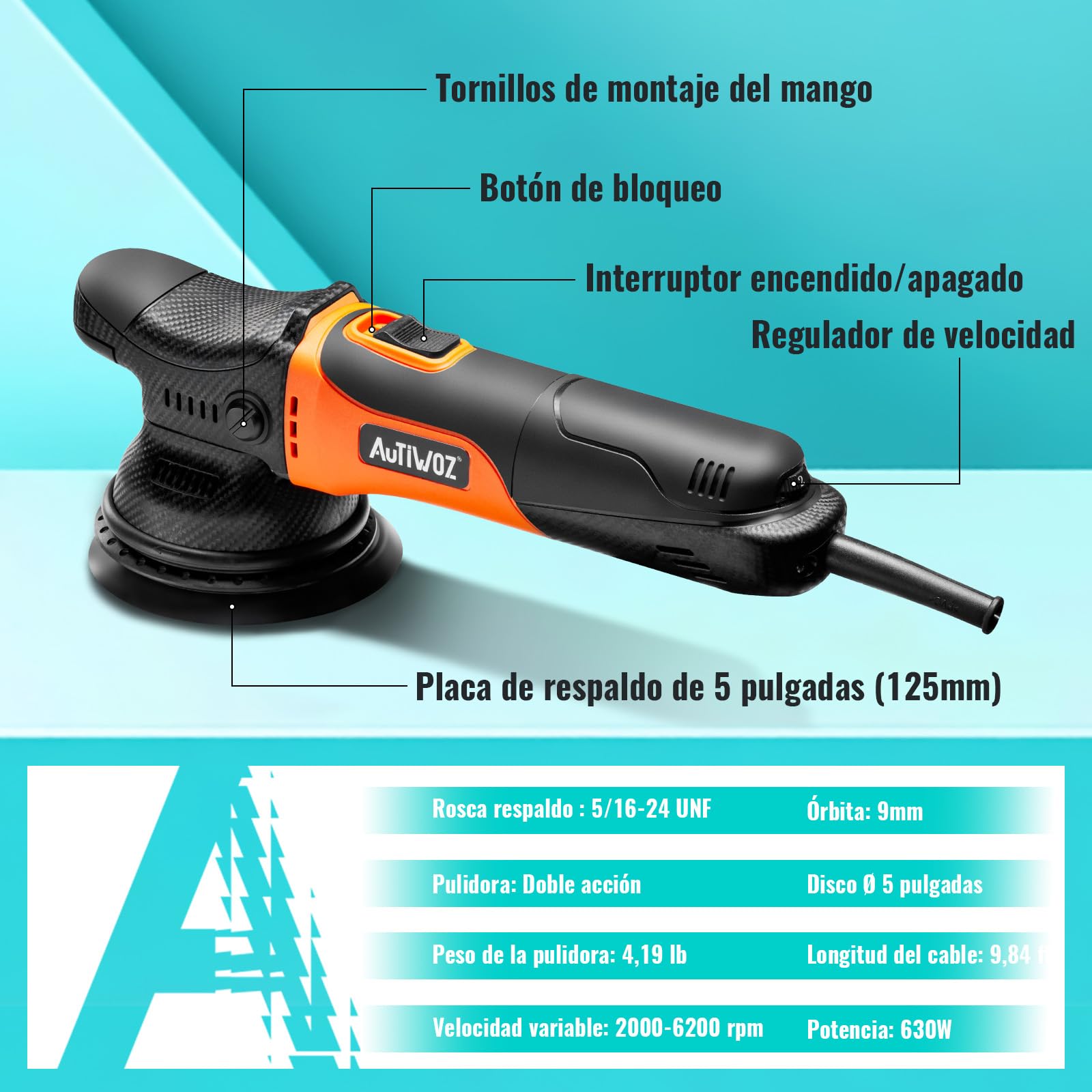 AUTIWOZ 630W Pulidora Coches Orbital 9mm,125mm Kit de Pulido,Excéntrica Máquina de Pulido,Pequeña Pulidora con 6 Velocidades Variables (2000-6200 rpm), para Detallado Automotriz-W01