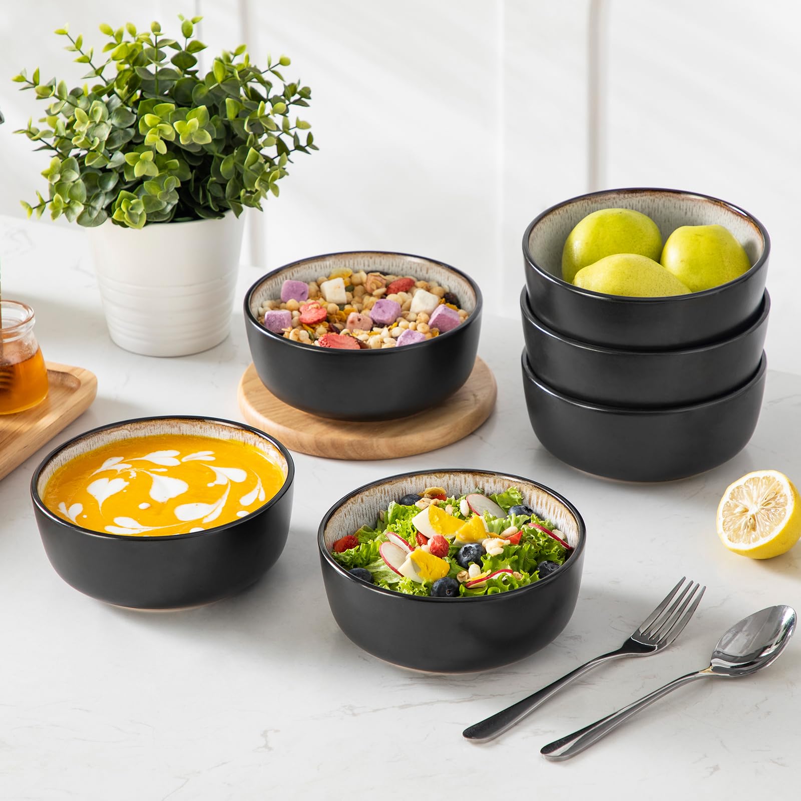 Zestaw misek vancasso AMBER do musli z kamionki, zestaw miseczek 840ml, miseczka deserowa na sałatki i zupy, mała miseczka średnica 16 cm, odporna na mikrowfalę i zmywarkę, jasnożółta