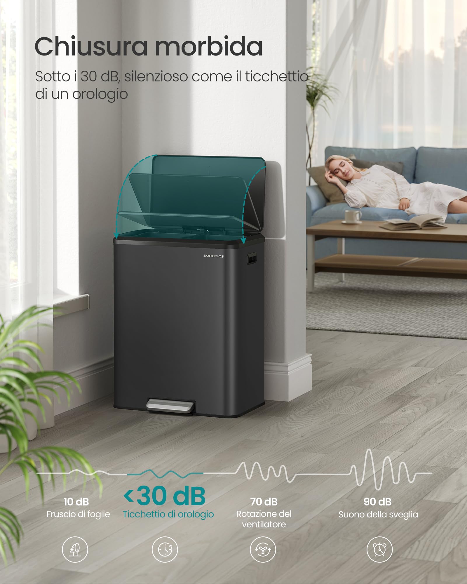 SONGMICS Cestino da Cucina, 2 x 30 L, Pattumiera Doppia per Raccolta Differenziata, Secchi Interni, Acciaio, Coperchio a Chiusura Morbida, Pedale Ampio, Nero Inchiostro LTB556B02