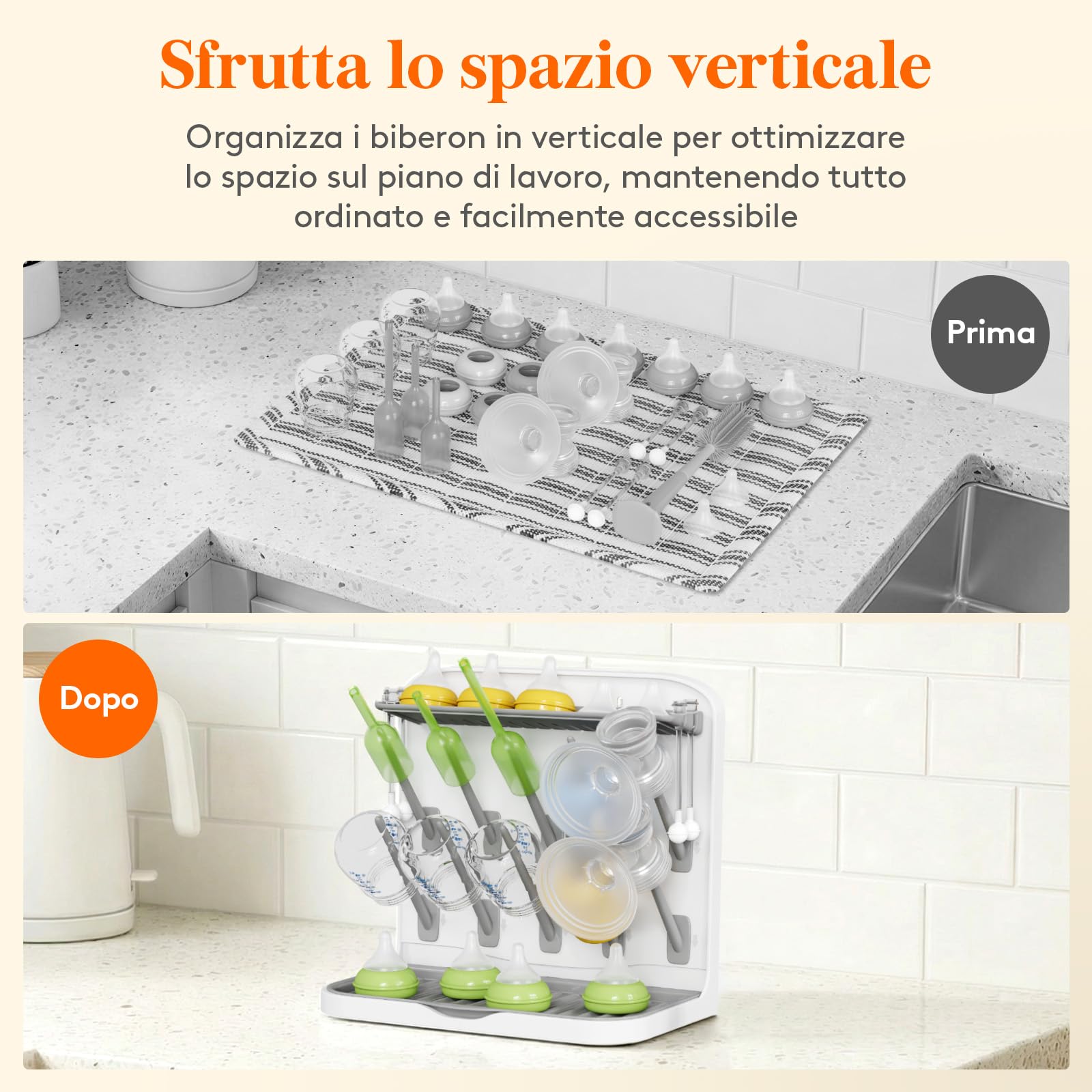 Lifewit Grande Scolabiberon, Scolabiberon Verticale con 10 Ganci e Contenitore per Tettarelle Rimovibile, Adatto a Cannucce a Pressione e Accessori per Tiralatte