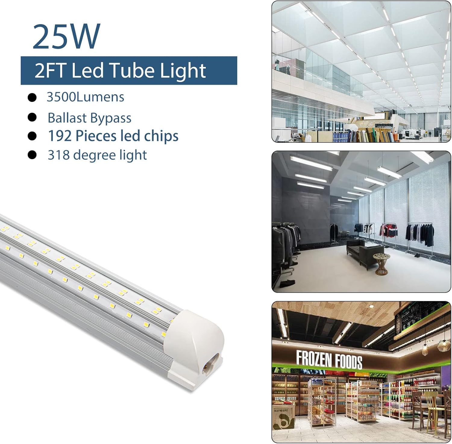 2ft LED Garage Light, 23W 3500LM 6000K Super Bright White Light, 3 Sides 4 Line Light Source D Shape, Clear Cover, T8 Integrated LED Tube with Plug for Garage, Warehouse, Workshop, Basement (10)