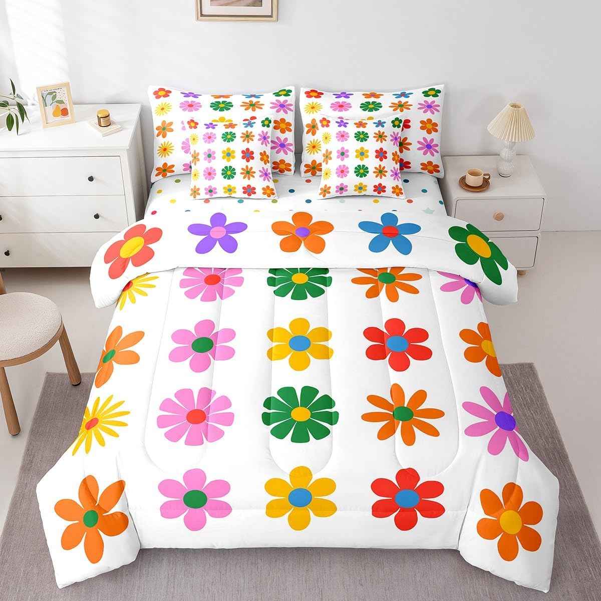 Feelyou Cute Flower 7 Piece Bedding Set Colorful Floral Comforter Set with Sheets for Kids Boys Girls Cartoon Hand-Drawn Bed in a Bag Botanical Decor Bed Set Soft Lightweight