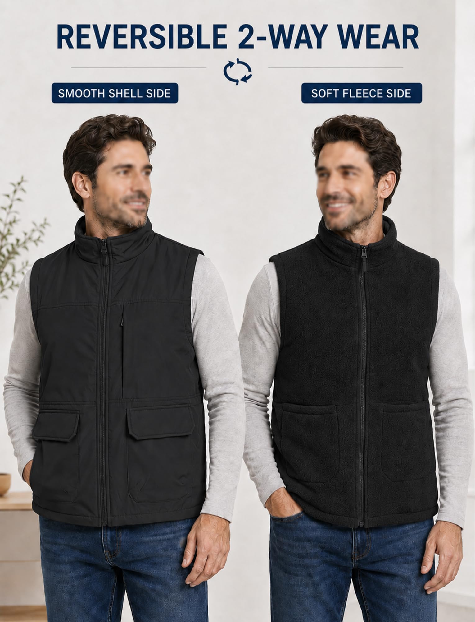 Gilet in pile da uomo, reversibile, in softshell, invernale