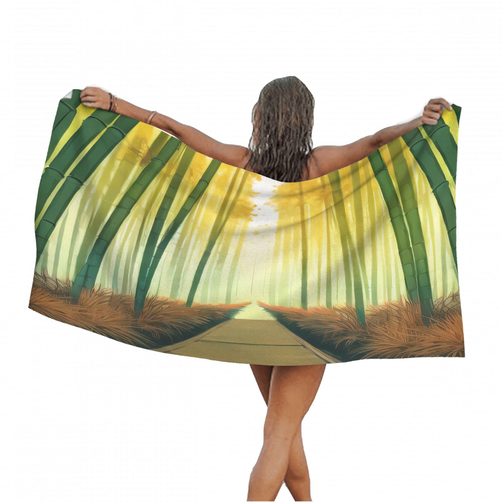 Serviette de Plage 100x200 Bambou Vert, Femme Homme, 3D Motif Plante Serviette de Bain Grande Microfibre Séchage Rapide Absorbant Drap de Plage pour Bain Voyage Camping