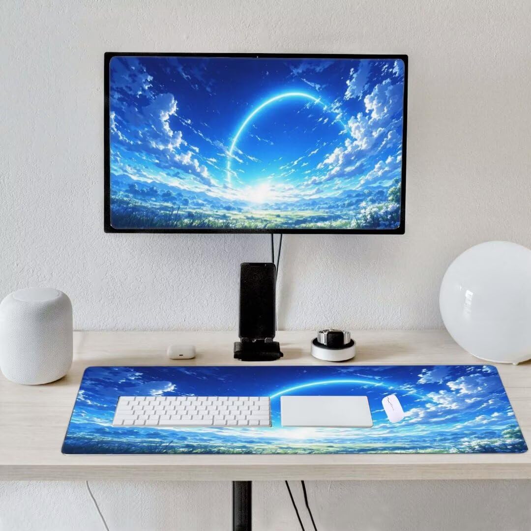 Alfombrilla de ratón 1400x600x3 MM, Alfombrilla Ratón XXL Extendida de Gran Tamaño con Bordes Cosidos, Base de Goma Antideslizante Almohadilla para Teclado, Paisaje del Cielo Azul S-7631